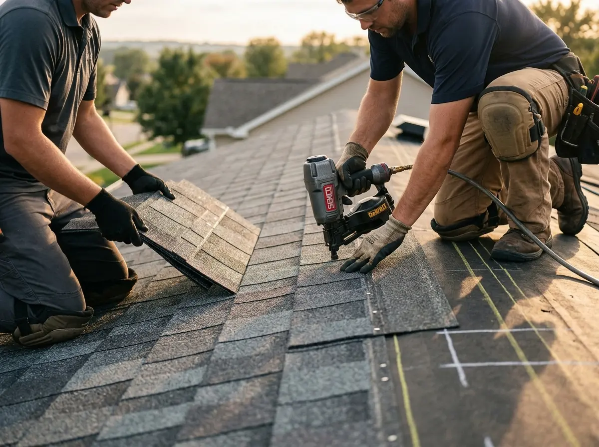 Professional roofer working on a residential roof in Holdenville